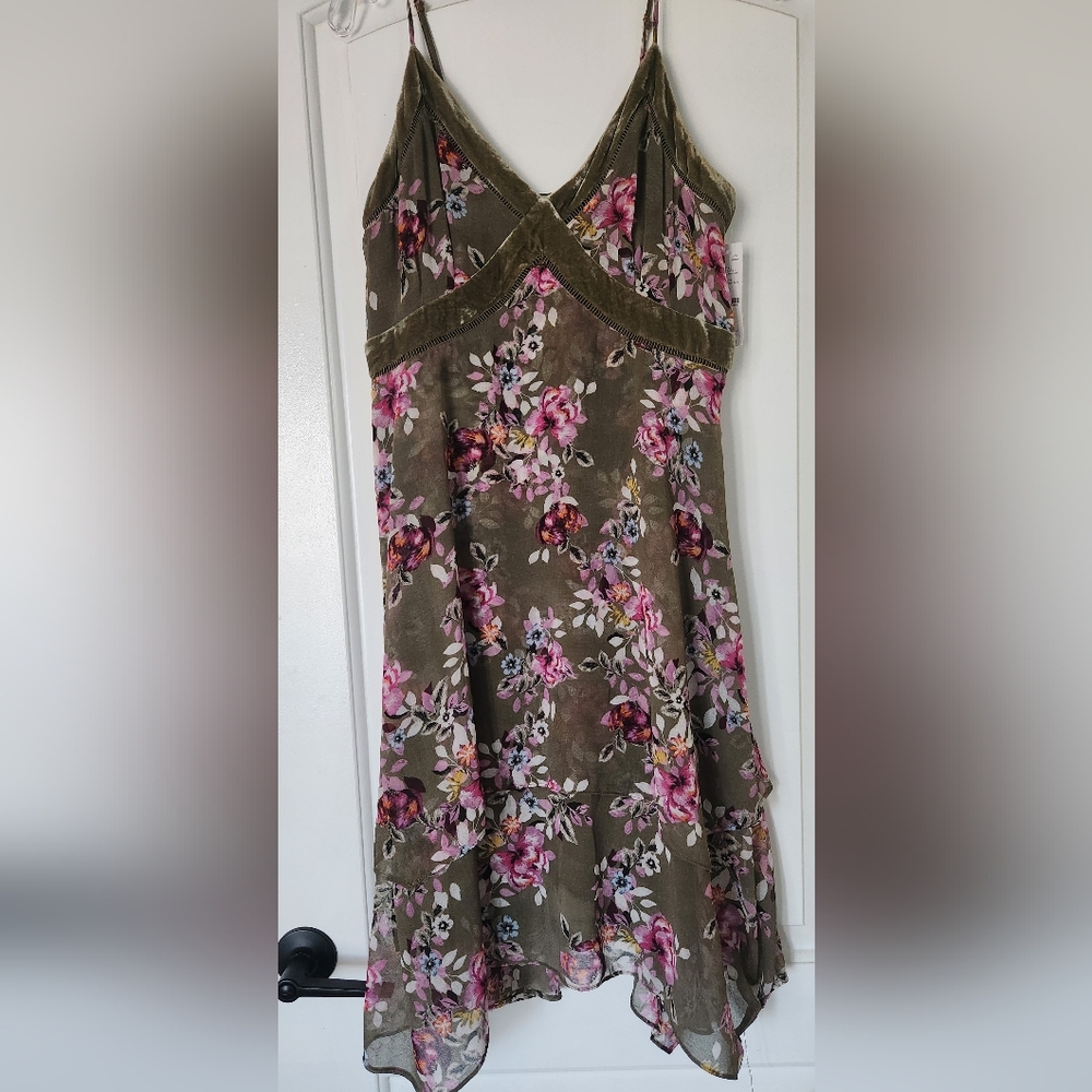 White House Black Market Asymmetrical Floral Dress - Olive and Pink